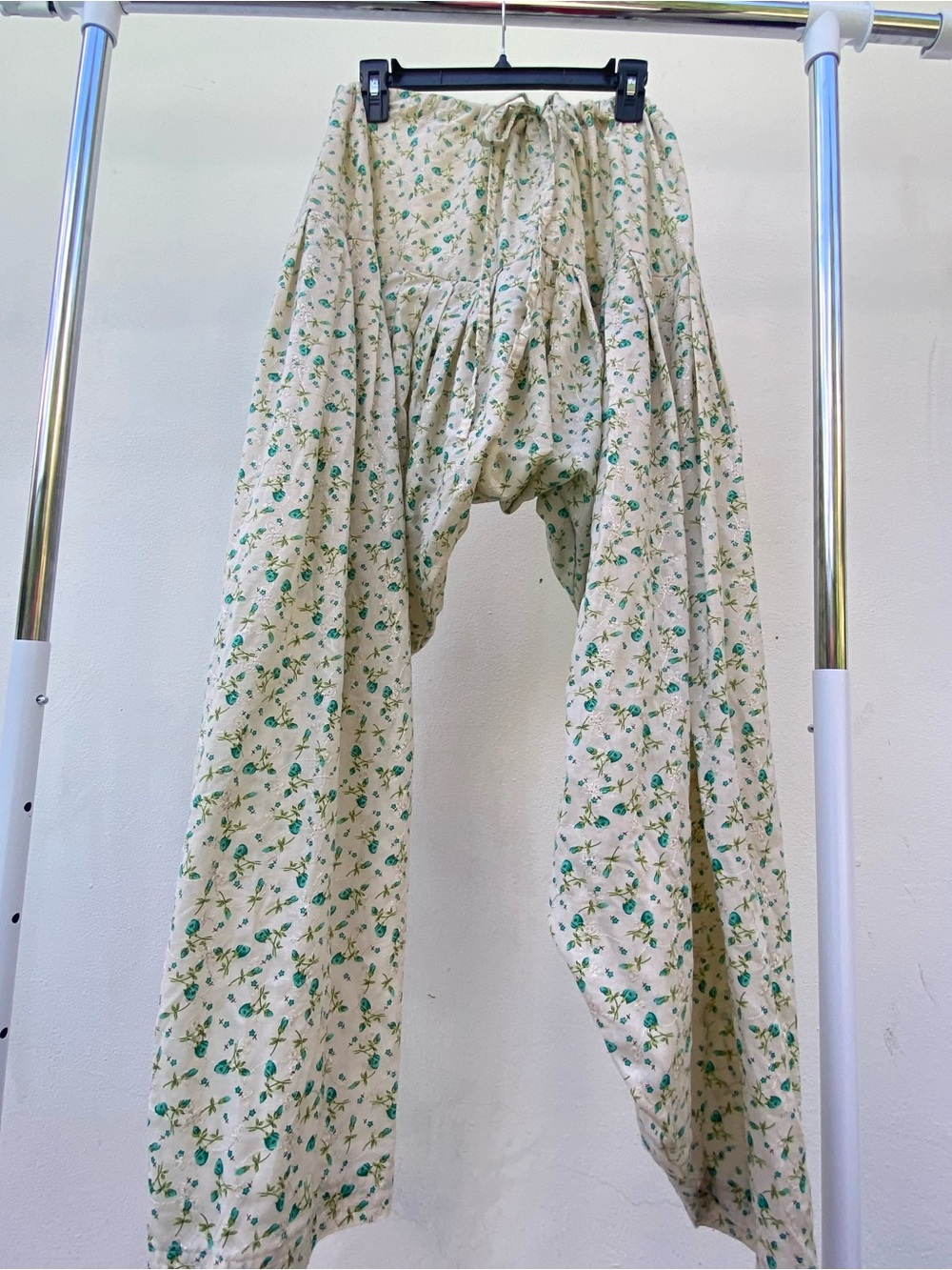 Boho Indian Blue Green Floral Embroidered Drop Crotch Pants One Size (S/M)